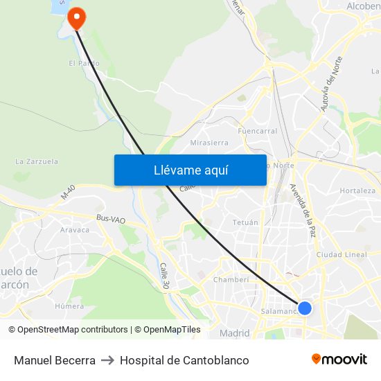 Manuel Becerra to Hospital de Cantoblanco map