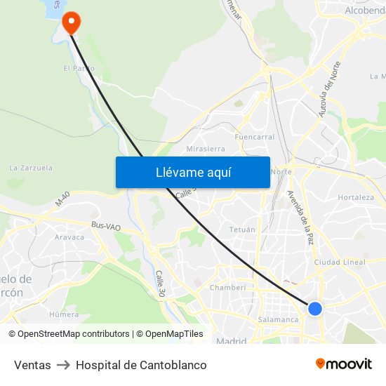 Ventas to Hospital de Cantoblanco map