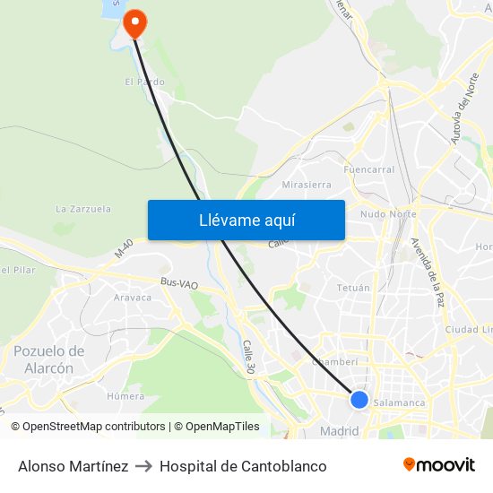 Alonso Martínez to Hospital de Cantoblanco map