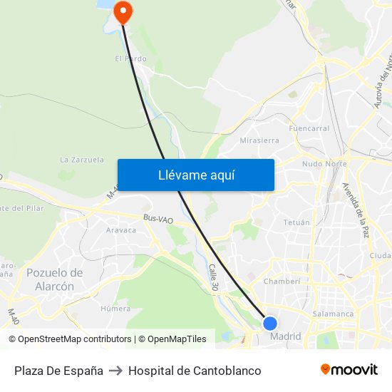 Plaza De España to Hospital de Cantoblanco map