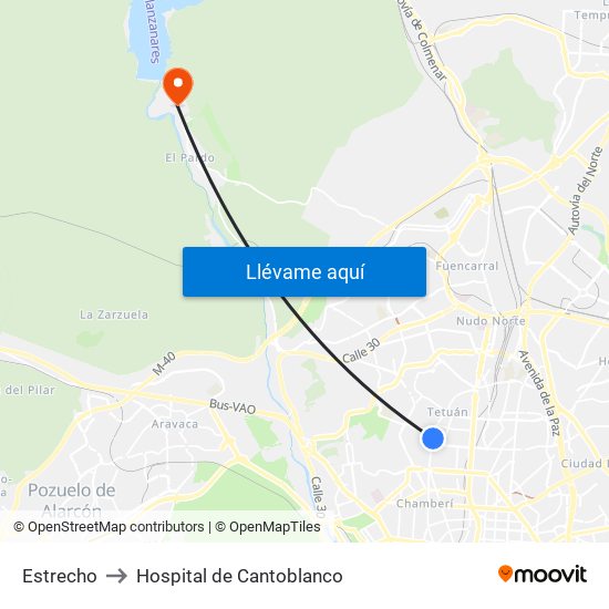 Estrecho to Hospital de Cantoblanco map
