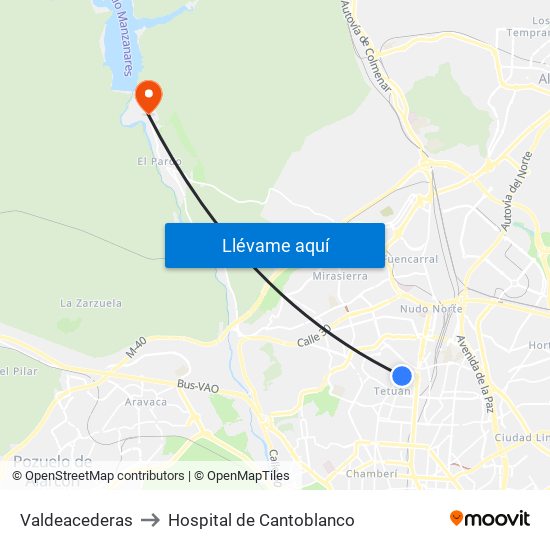 Valdeacederas to Hospital de Cantoblanco map