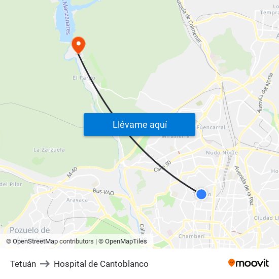 Tetuán to Hospital de Cantoblanco map
