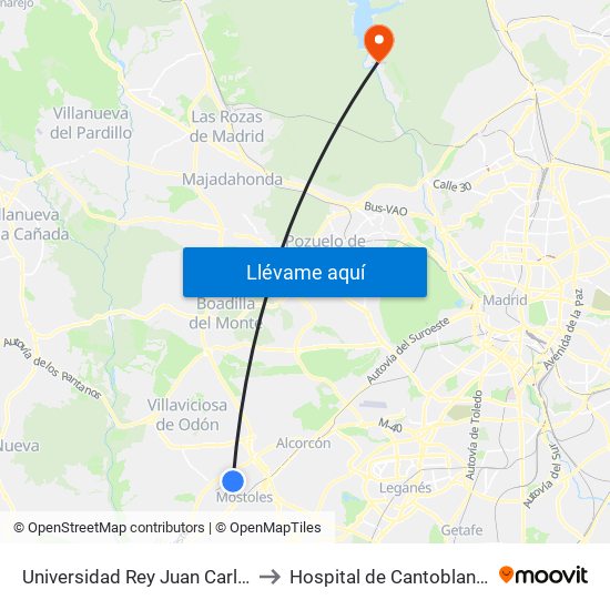 Universidad Rey Juan Carlos to Hospital de Cantoblanco map