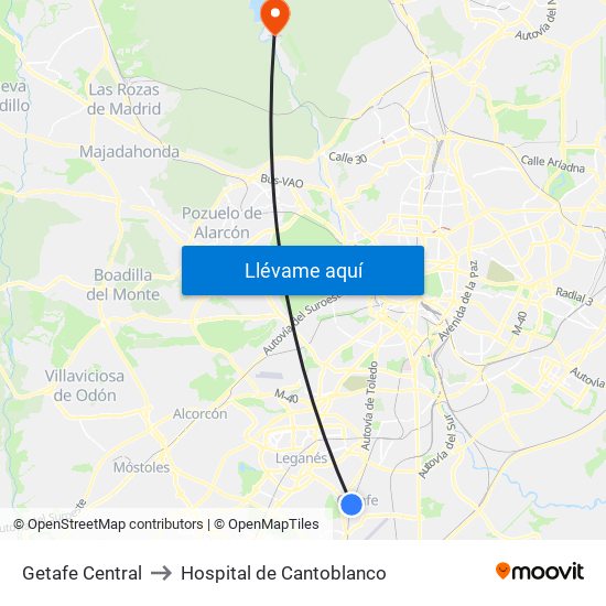 Getafe Central to Hospital de Cantoblanco map