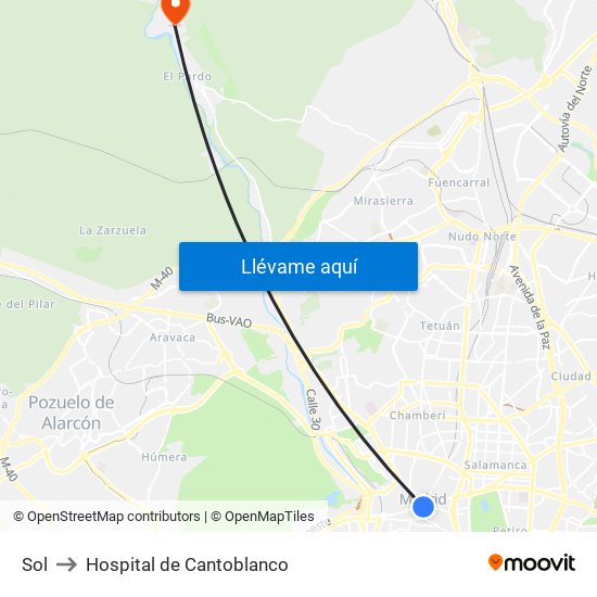 Sol to Hospital de Cantoblanco map