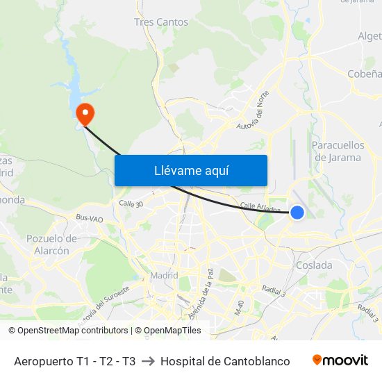 Aeropuerto T1 - T2 - T3 to Hospital de Cantoblanco map