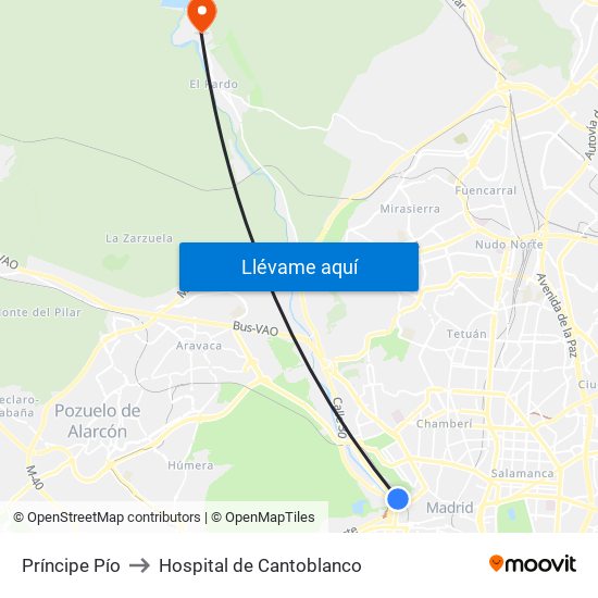 Príncipe Pío to Hospital de Cantoblanco map