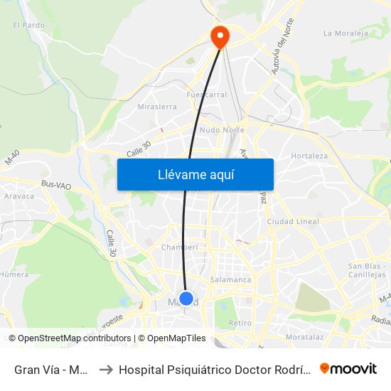 Gran Vía - Montera to Hospital Psiquiátrico Doctor Rodríguez Lafora map