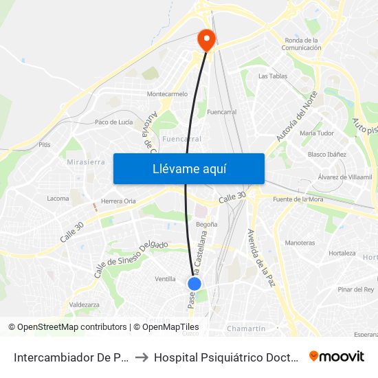 Intercambiador De Plaza De Castilla to Hospital Psiquiátrico Doctor Rodríguez Lafora map