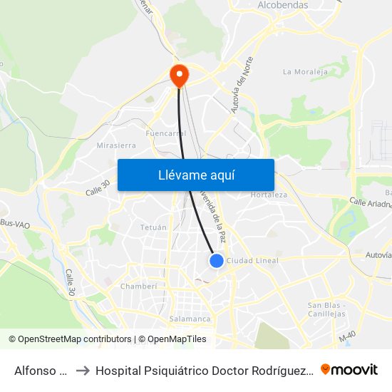 Alfonso XIII to Hospital Psiquiátrico Doctor Rodríguez Lafora map