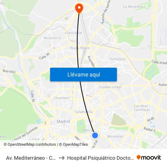 Av. Mediterráneo - Conde De Casal to Hospital Psiquiátrico Doctor Rodríguez Lafora map