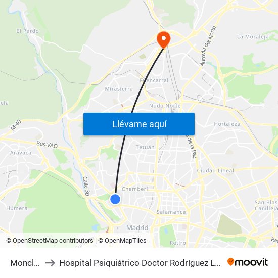 Moncloa to Hospital Psiquiátrico Doctor Rodríguez Lafora map