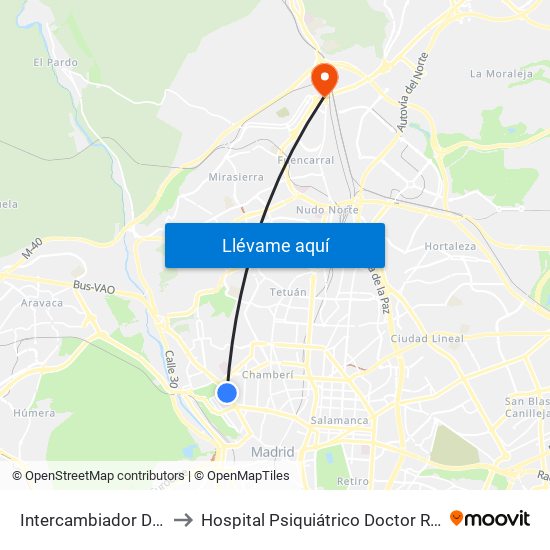 Intercambiador De Moncloa to Hospital Psiquiátrico Doctor Rodríguez Lafora map