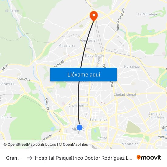 Gran Vía to Hospital Psiquiátrico Doctor Rodríguez Lafora map