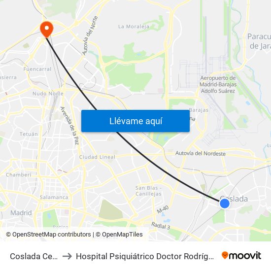 Coslada Central to Hospital Psiquiátrico Doctor Rodríguez Lafora map
