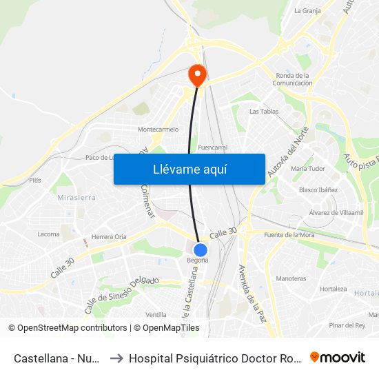 Castellana - Nudo Norte to Hospital Psiquiátrico Doctor Rodríguez Lafora map