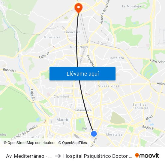 Av. Mediterráneo - Conde Casal to Hospital Psiquiátrico Doctor Rodríguez Lafora map