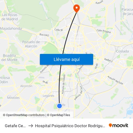 Getafe Centro to Hospital Psiquiátrico Doctor Rodríguez Lafora map