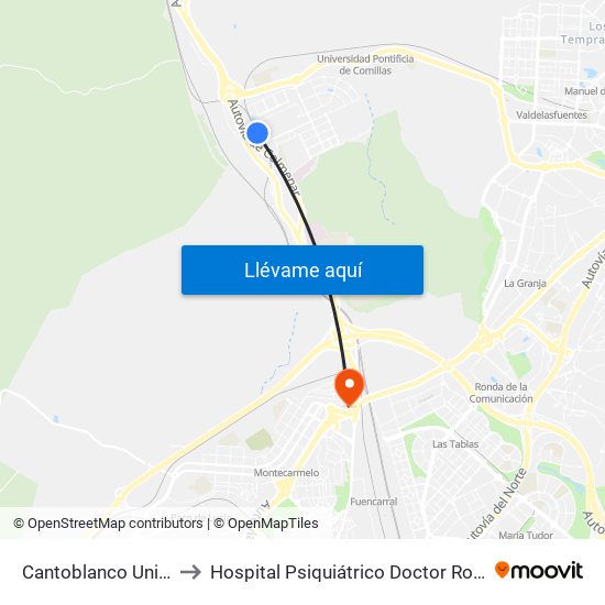 Cantoblanco Universidad to Hospital Psiquiátrico Doctor Rodríguez Lafora map