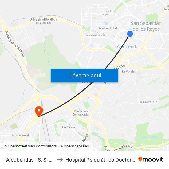 Alcobendas - S. S. De Los Reyes to Hospital Psiquiátrico Doctor Rodríguez Lafora map