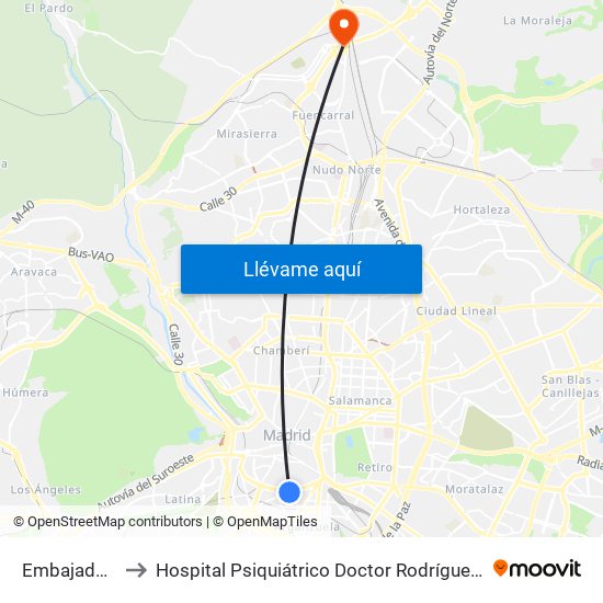 Embajadores to Hospital Psiquiátrico Doctor Rodríguez Lafora map
