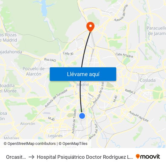 Orcasitas to Hospital Psiquiátrico Doctor Rodríguez Lafora map