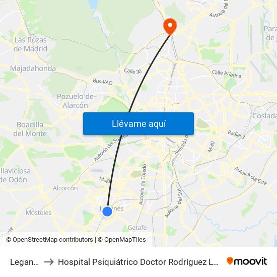 Leganés to Hospital Psiquiátrico Doctor Rodríguez Lafora map