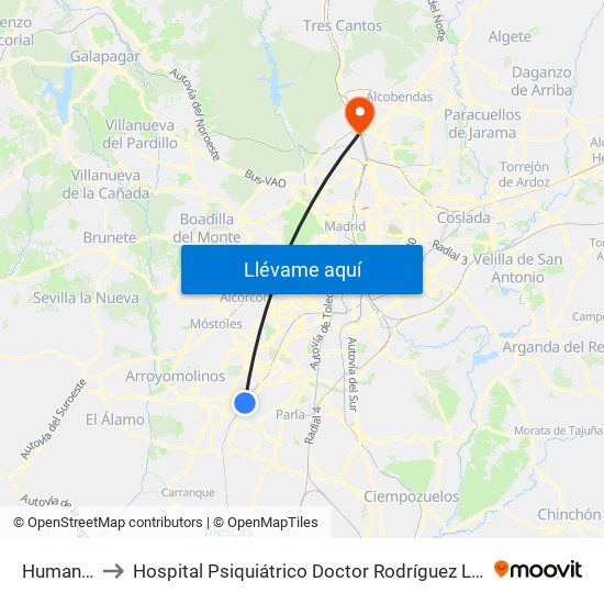 Humanes to Hospital Psiquiátrico Doctor Rodríguez Lafora map