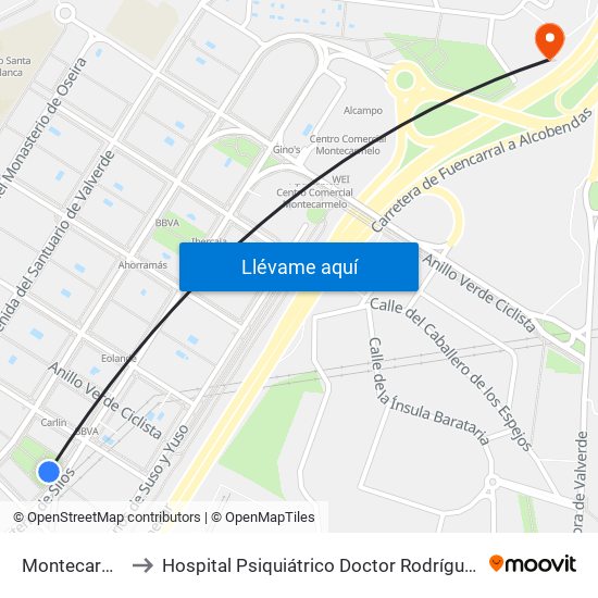 Montecarmelo to Hospital Psiquiátrico Doctor Rodríguez Lafora map