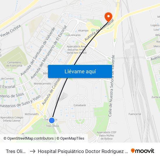 Tres Olivos to Hospital Psiquiátrico Doctor Rodríguez Lafora map