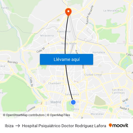 Ibiza to Hospital Psiquiátrico Doctor Rodríguez Lafora map