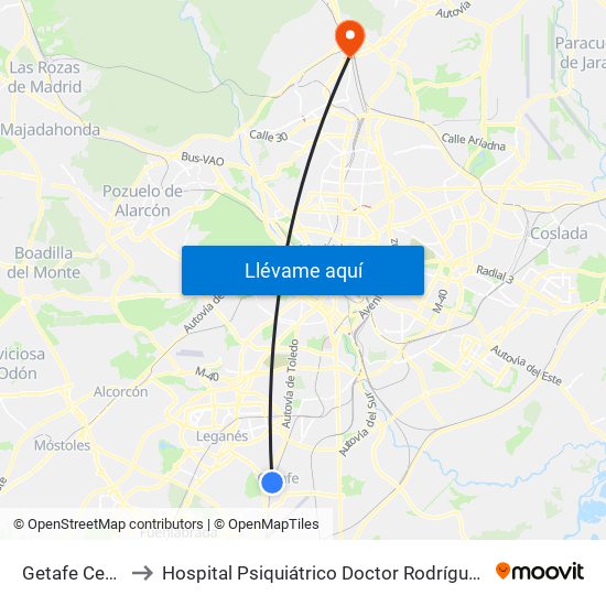 Getafe Central to Hospital Psiquiátrico Doctor Rodríguez Lafora map