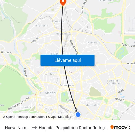 Nueva Numancia to Hospital Psiquiátrico Doctor Rodríguez Lafora map