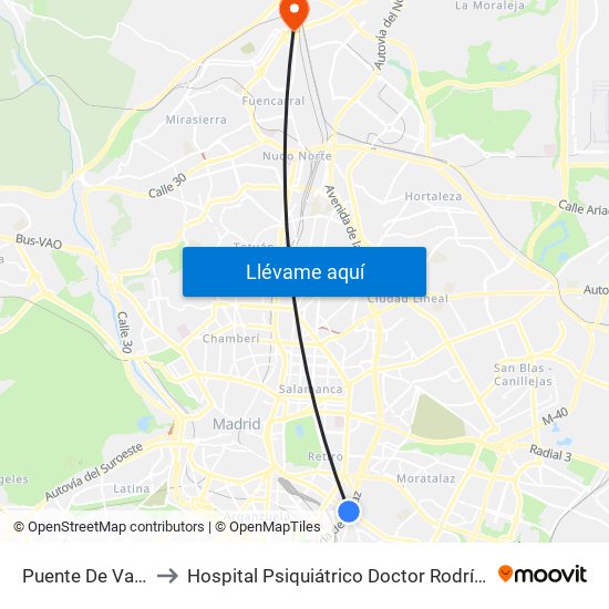 Puente De Vallecas to Hospital Psiquiátrico Doctor Rodríguez Lafora map