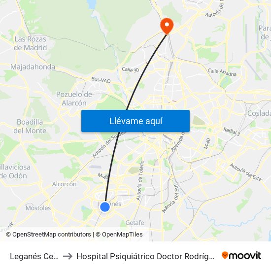 Leganés Central to Hospital Psiquiátrico Doctor Rodríguez Lafora map