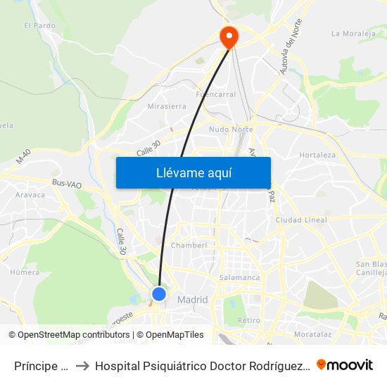 Príncipe Pío to Hospital Psiquiátrico Doctor Rodríguez Lafora map
