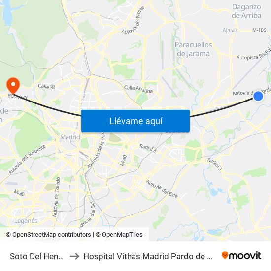 Soto Del Henares to Hospital Vithas Madrid Pardo de Aravaca map