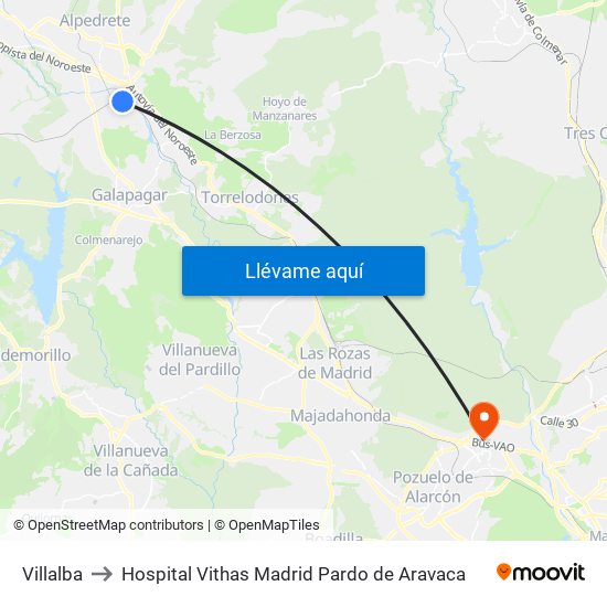 Villalba to Hospital Vithas Madrid Pardo de Aravaca map
