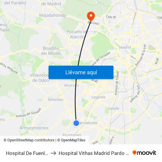 Hospital De Fuenlabrada to Hospital Vithas Madrid Pardo de Aravaca map