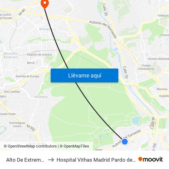 Alto De Extremadura to Hospital Vithas Madrid Pardo de Aravaca map
