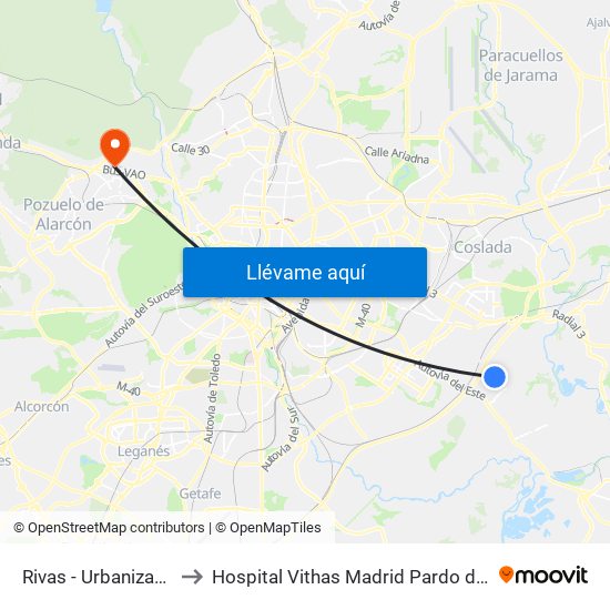 Rivas - Urbanizaciones to Hospital Vithas Madrid Pardo de Aravaca map