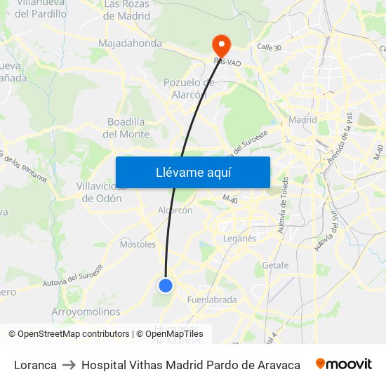 Loranca to Hospital Vithas Madrid Pardo de Aravaca map