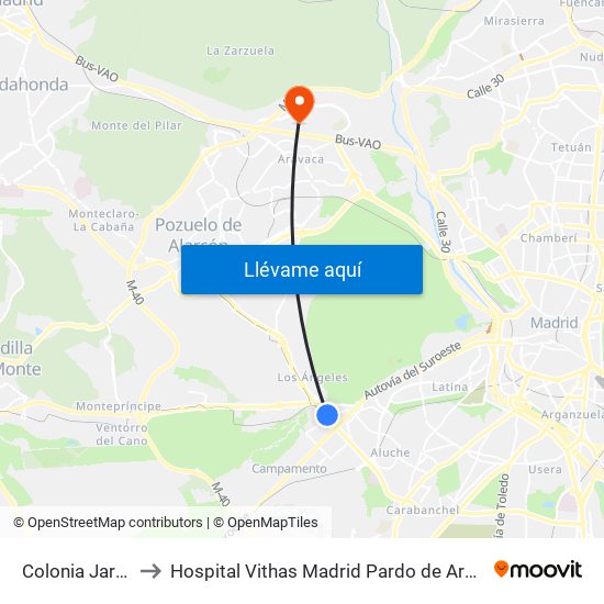 Colonia Jardín to Hospital Vithas Madrid Pardo de Aravaca map
