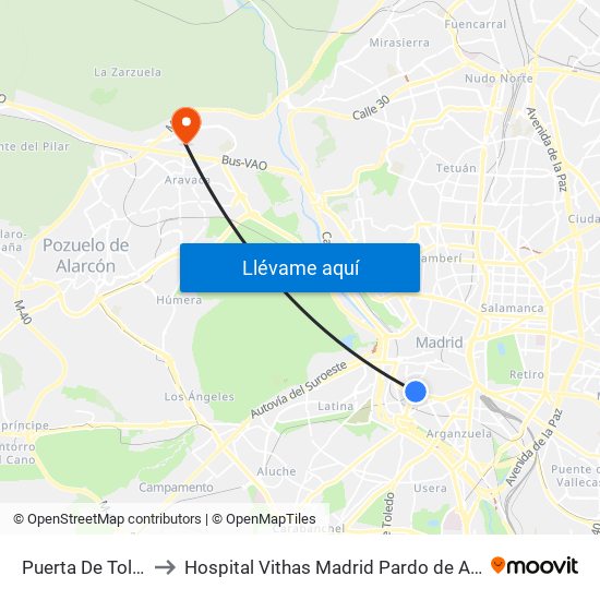 Puerta De Toledo to Hospital Vithas Madrid Pardo de Aravaca map