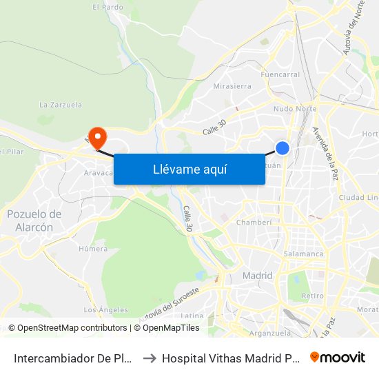 Intercambiador De Plaza De Castilla to Hospital Vithas Madrid Pardo de Aravaca map