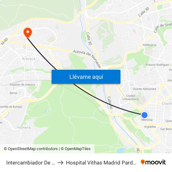 Intercambiador De Moncloa to Hospital Vithas Madrid Pardo de Aravaca map