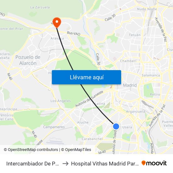 Intercambiador De Plaza Elíptica to Hospital Vithas Madrid Pardo de Aravaca map