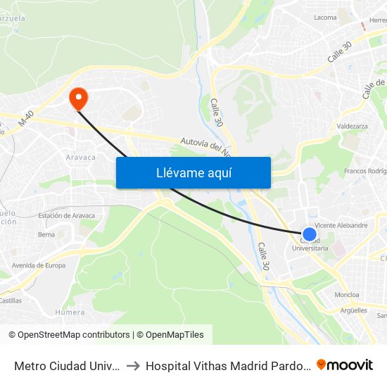 Metro Ciudad Universitaria to Hospital Vithas Madrid Pardo de Aravaca map