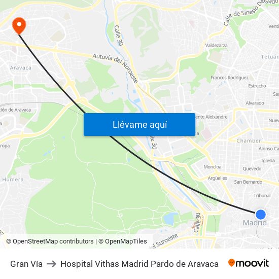 Gran Vía to Hospital Vithas Madrid Pardo de Aravaca map